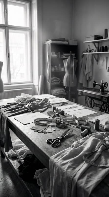 A cutting table by a window with shears, a tape measure, chalk and folded cloth