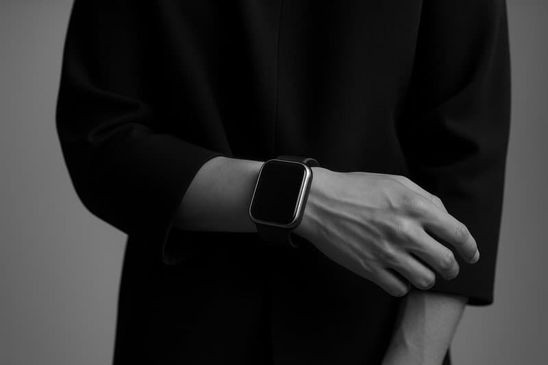 A smartwatch on a wrist, the arm at rest against dark cloth