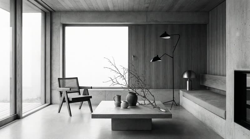 A pared-back concrete interior with a low table, ceramics and bare branches