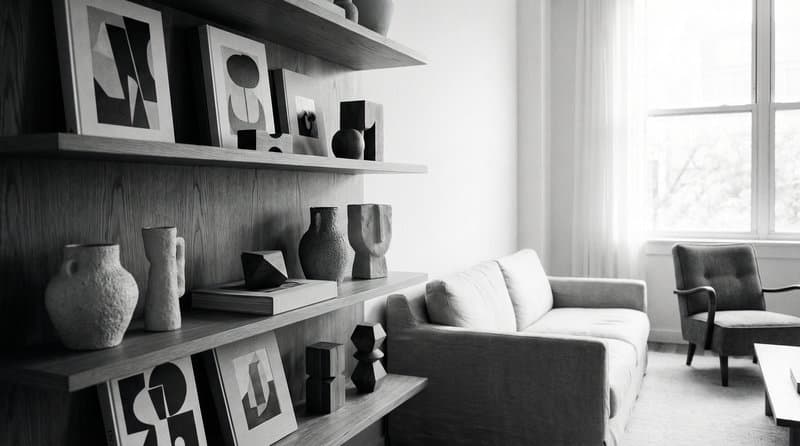 A shelf wall of ceramics and framed prints above a low sofa