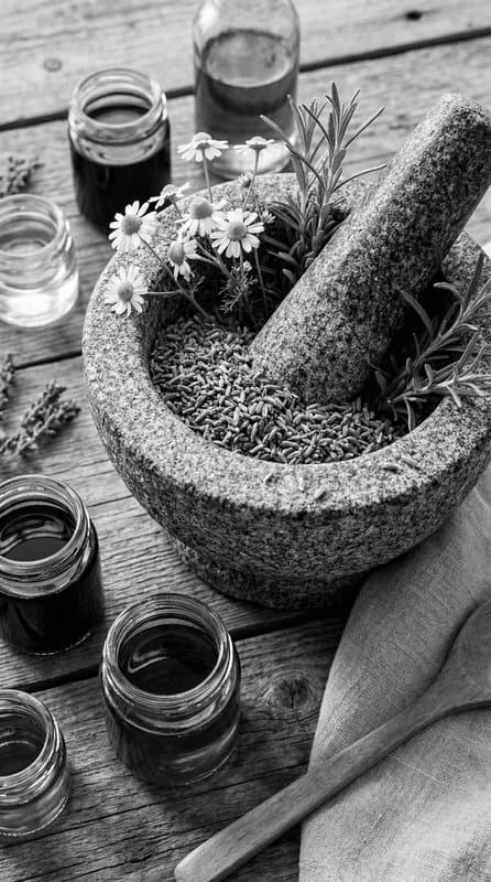 A granite mortar and pestle of dried lavender beside tincture jars and fresh sprigs