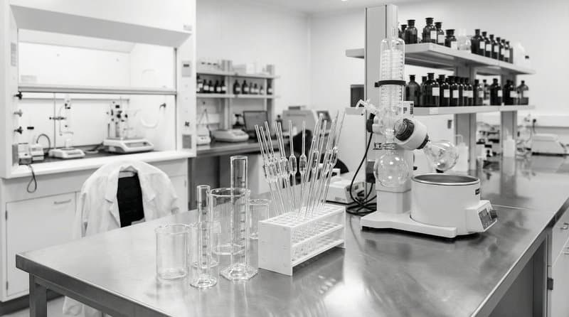 A formulation bench with graduated cylinders, pipettes and reagent bottles