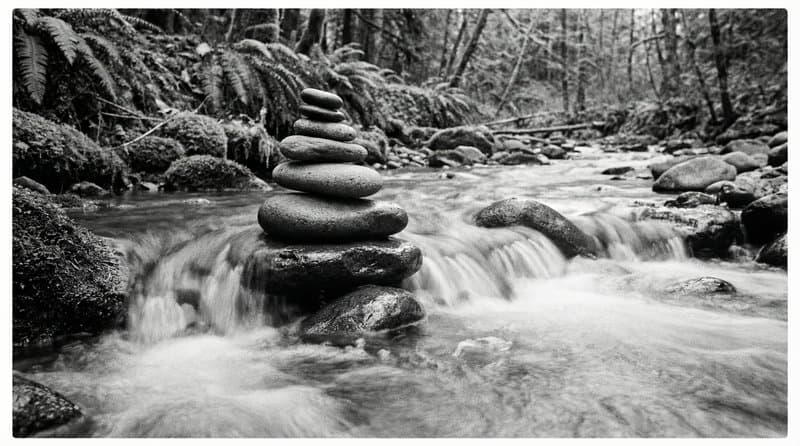 Stacked river stones in moving water in a mossy gorge