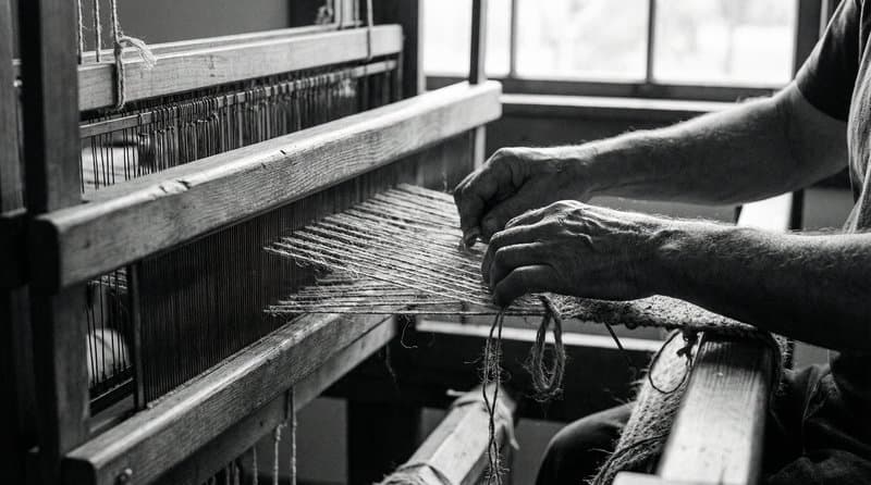 Hands at a floor loom drawing the warp through the reed