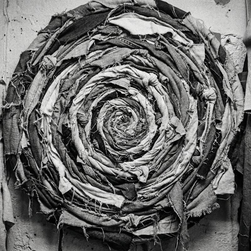 A coiled rosette made from stitched textile offcuts