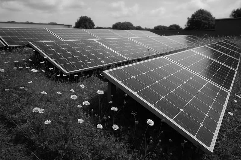 Solar panels standing in a wildflower meadow under open sky