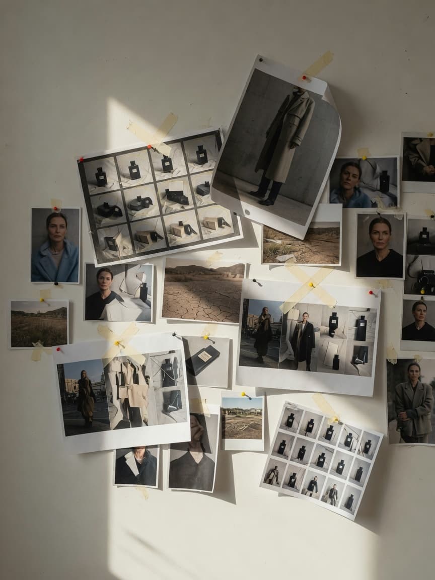 A pitch wall of taped print-outs: contact sheets, portraits, location frames and product grids