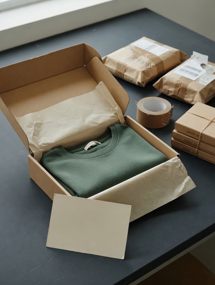 A packing bench: a folded natural sweatshirt in tissue inside an open mailer box, beside kraft tape and labelled parcels