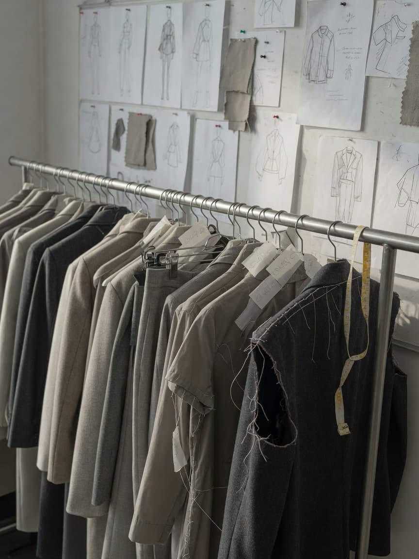 A rail of neutral wool and gabardine sample garments with hand-written hanger tags, below a wall of pinned flat sketches and fabric swatches