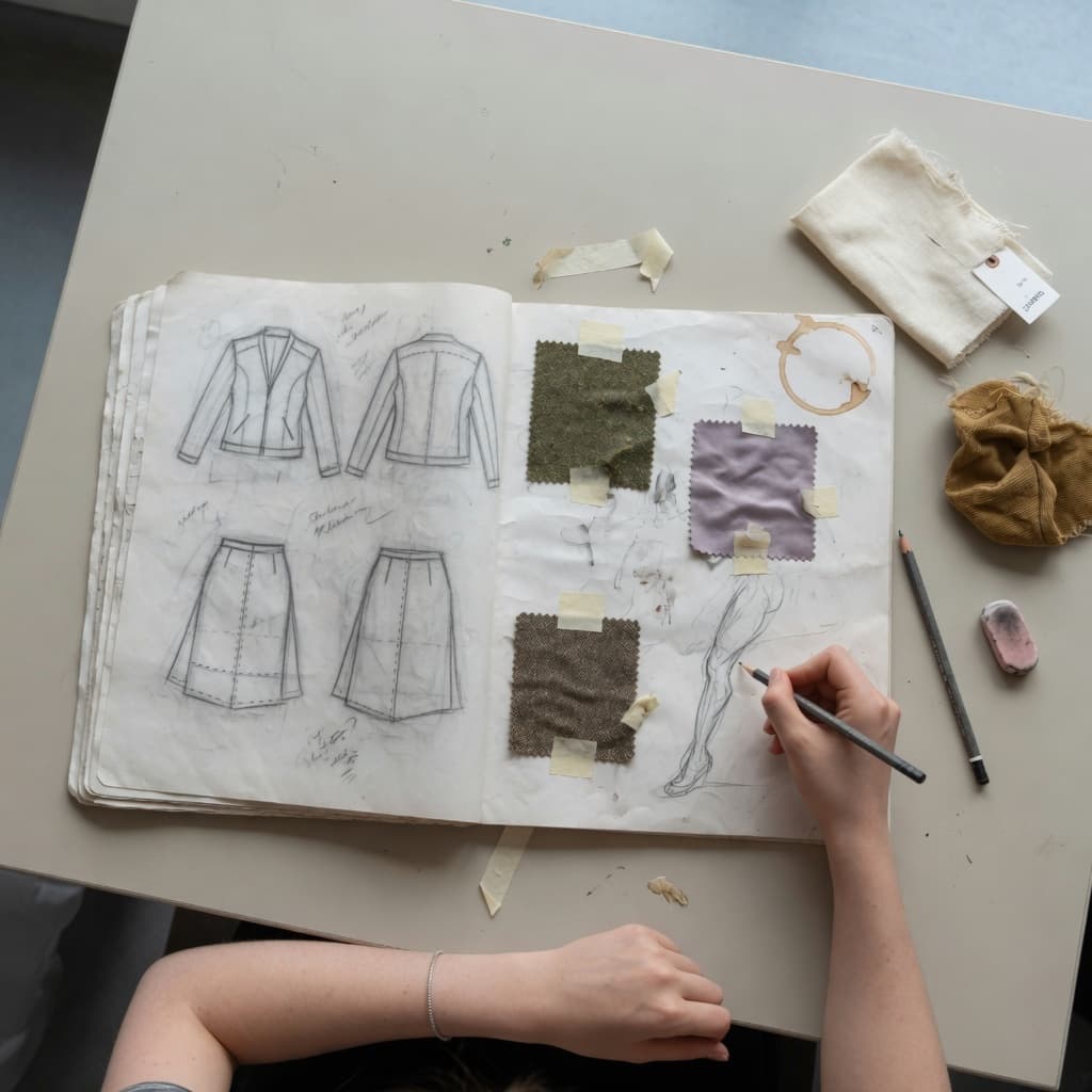 An open sketchbook of pencil flats with fabric swatches taped on the facing page, a hand still drawing