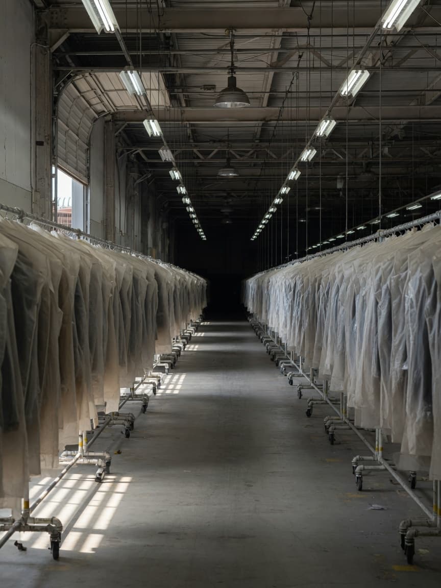 Two long rows of rolling rails hung with garment bags, receding down a lit warehouse aisle