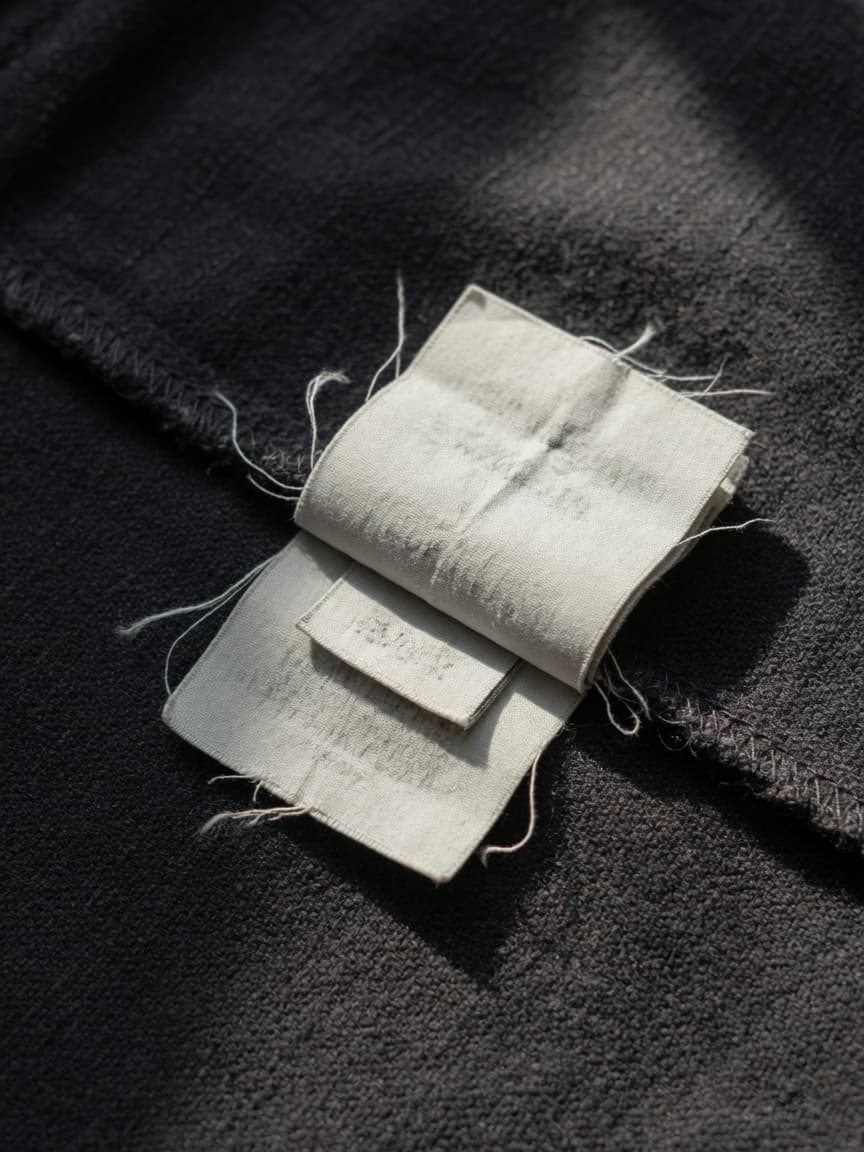 Worn composition and care labels inside the seam of a dark wool garment, the printing faded past reading
