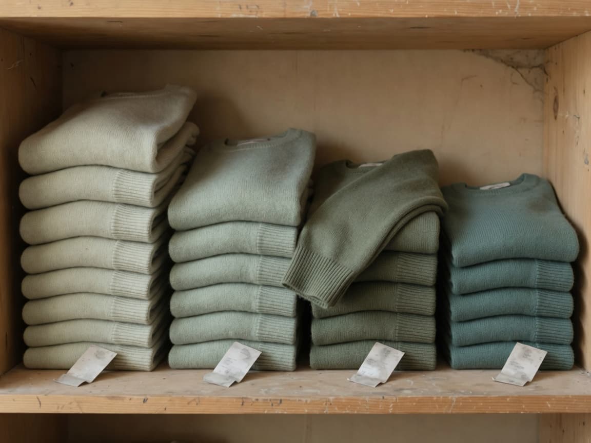 Four stacks of folded knitwear in graded oatmeal and grey tones on a wooden shelf, each stack ticketed