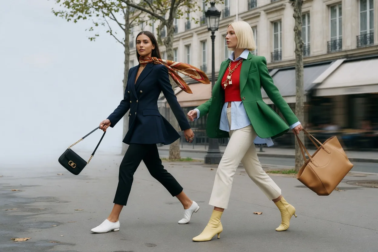 Two women crossing a Paris boulevard mid-stride in navy and green tailoring, carrying a chain bag and a tan tote