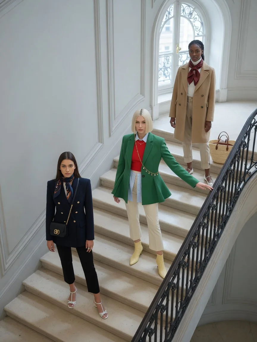Three women descending a curved stone staircase beneath a tall arched window