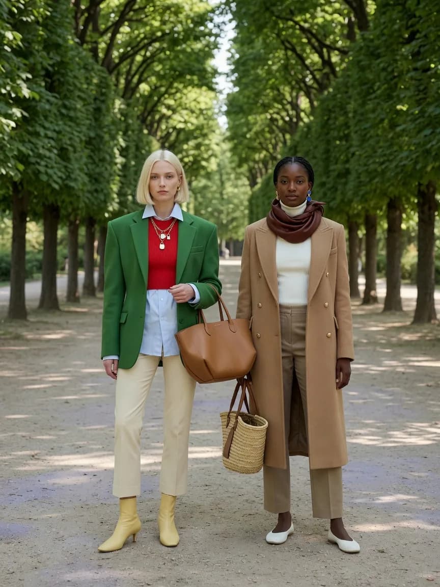 Two women standing in a tree-lined park allée receding behind them