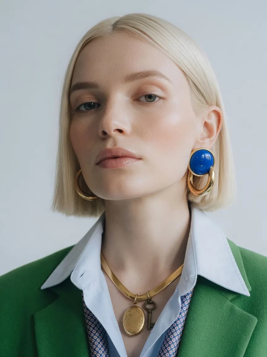 Close portrait - blonde bob, a single blue drop earring, green blazer over a checked shirt and chain necklace