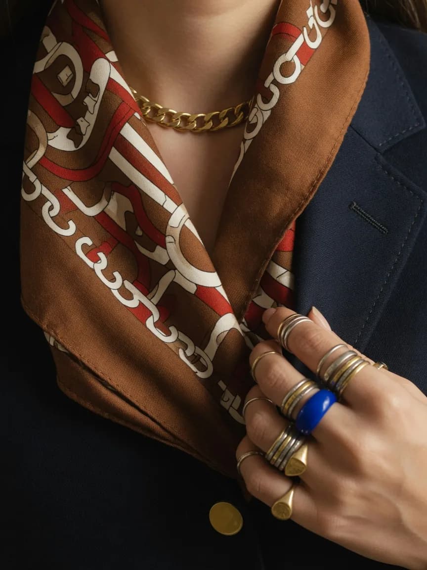 Close detail of a printed silk scarf, a gold chain and a hand of stacked rings against navy wool