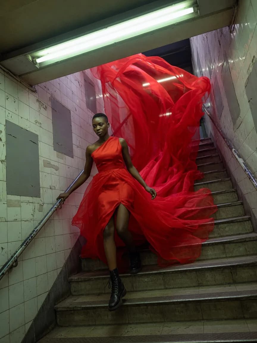 Descending tiled station stairs, red tulle spilling up the steps behind