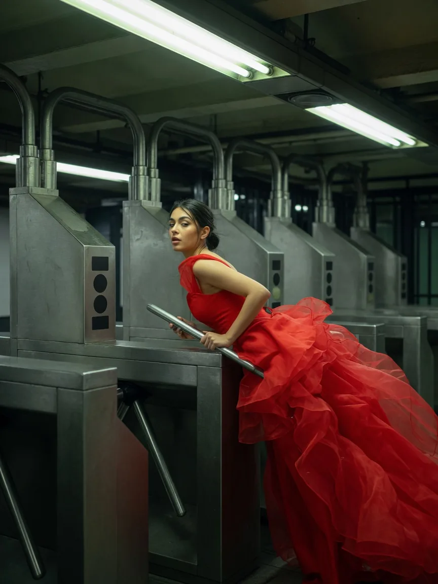 Passing through subway turnstiles in a scarlet gown, the skirt caught against the barrier