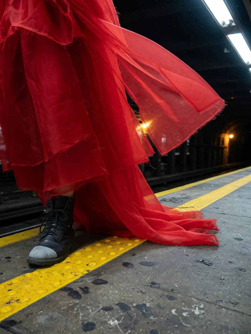 A black boot on the yellow platform edge with a crimson organza hem lifting into the tunnel draught