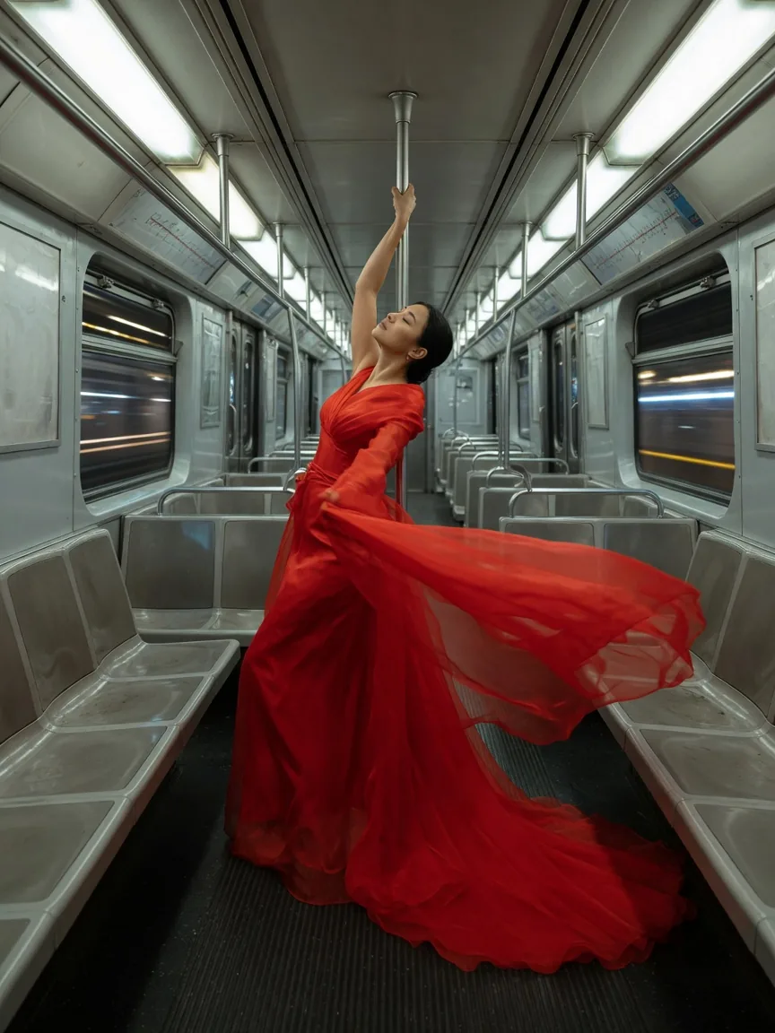 Inside an empty carriage, one arm raised to the pole, the red skirt filling the aisle