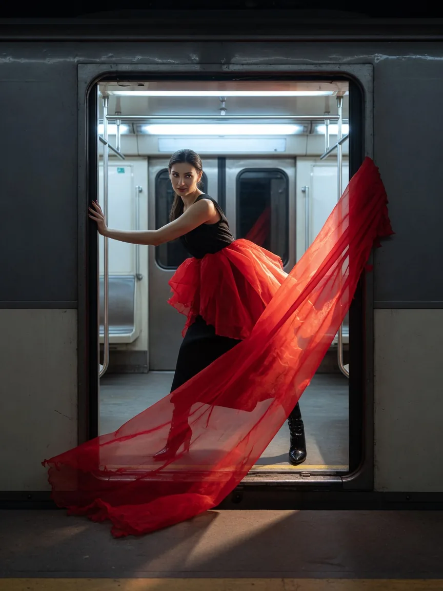 A woman in a crimson organza skirt framed in the open doorway of a subway carriage, the fabric trailing across the platform