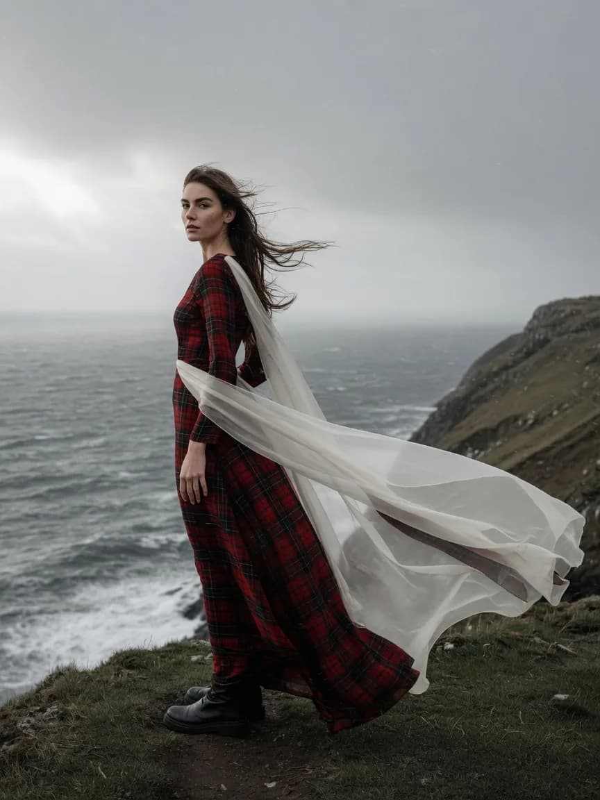 A tartan dress and pale veil pulled sideways by wind on a sea cliff under heavy cloud