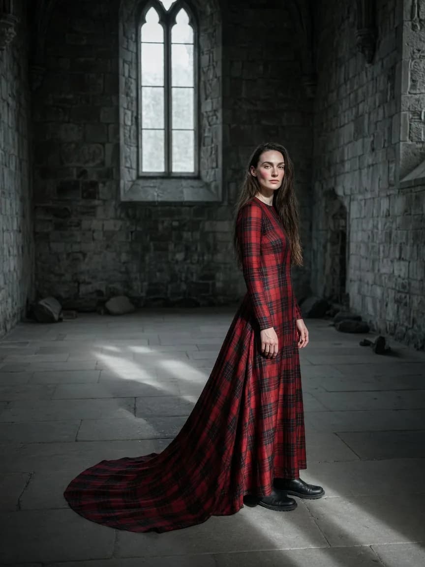 A shaft of window light crossing a bare stone hall, the tartan train spread across the flagstones