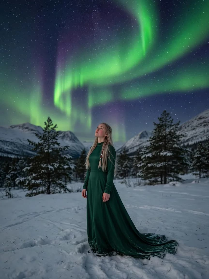 Aurora over a snowfield in Norway, a green velvet gown against the drifts