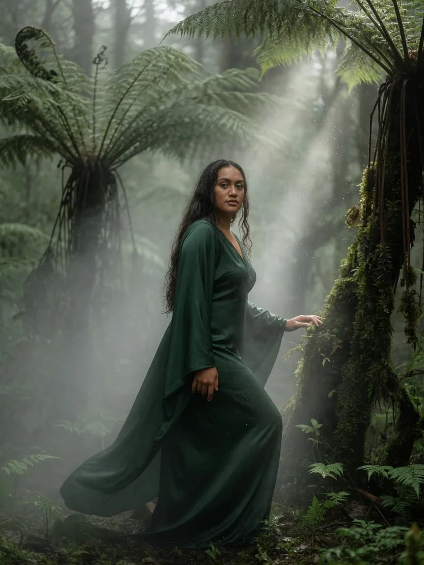 Fog through a New Zealand fern forest, a deep green gown under tree ferns