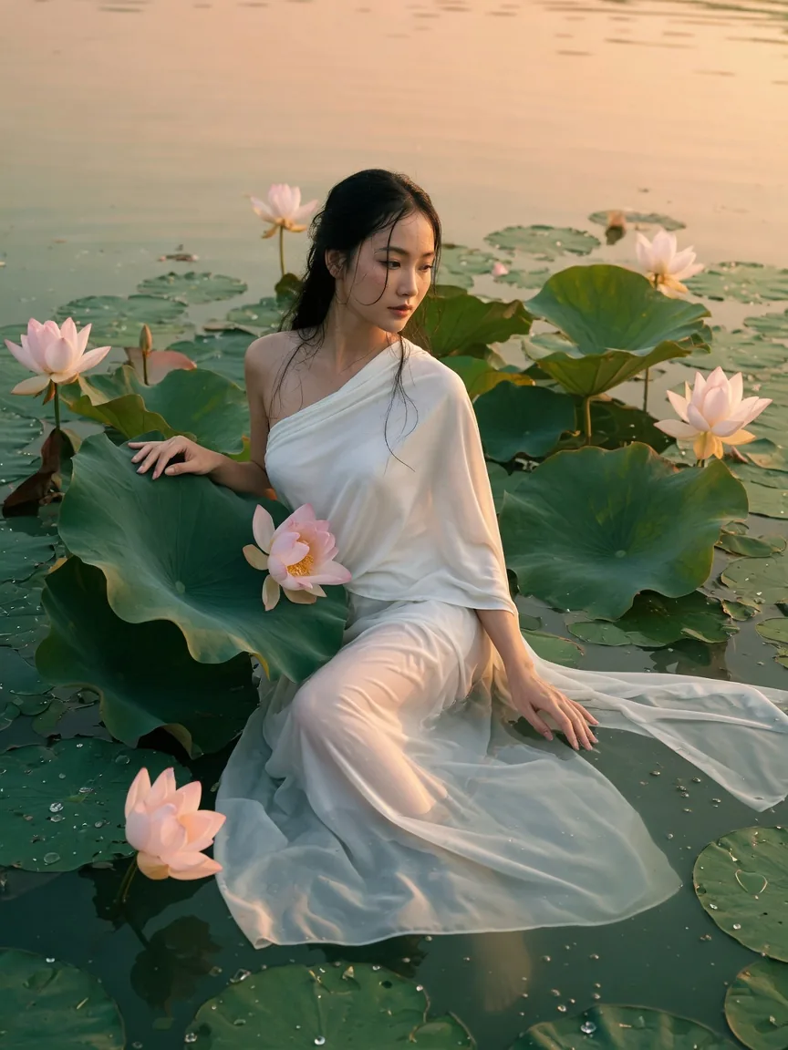 Golden hour on a Vietnamese lotus lake, white silk among open blooms
