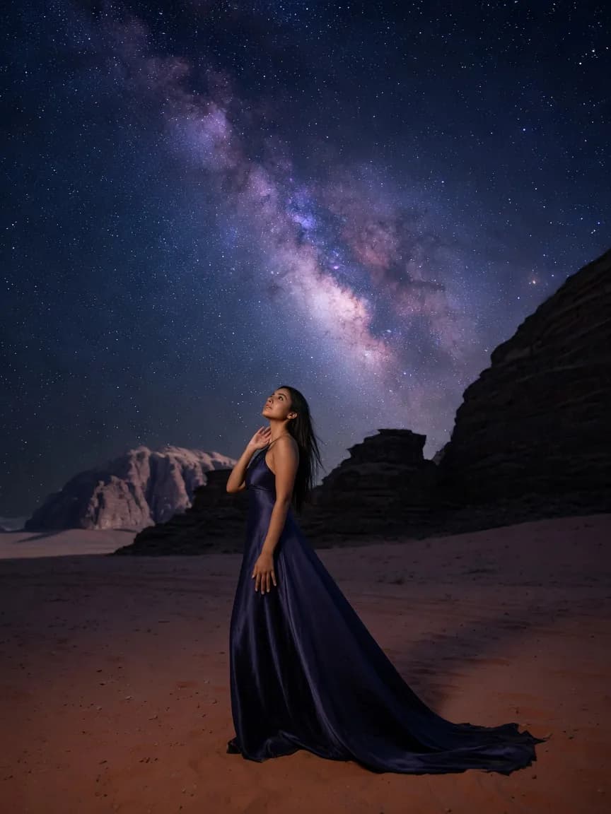 The Milky Way over the Jordanian desert, a midnight-blue train across the sand