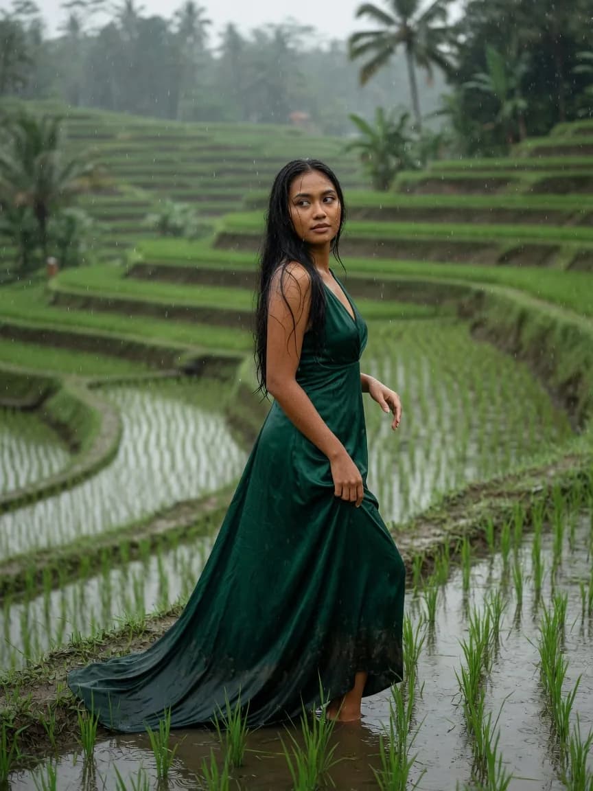 Rain across Balinese rice terraces, a dark green gown on the flooded steps