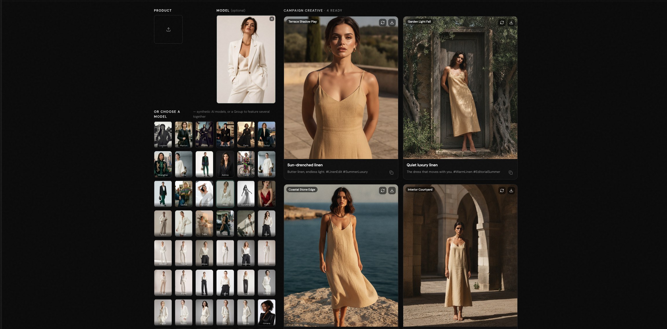 Summer linen dress campaign visual shot in warm daylight