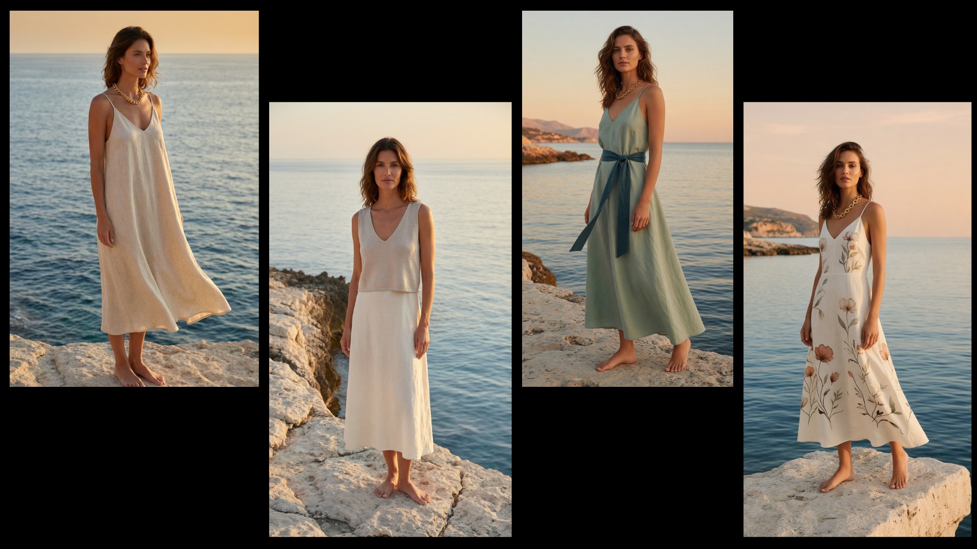 A coherent summer linen collection shown as a series of coastal looks