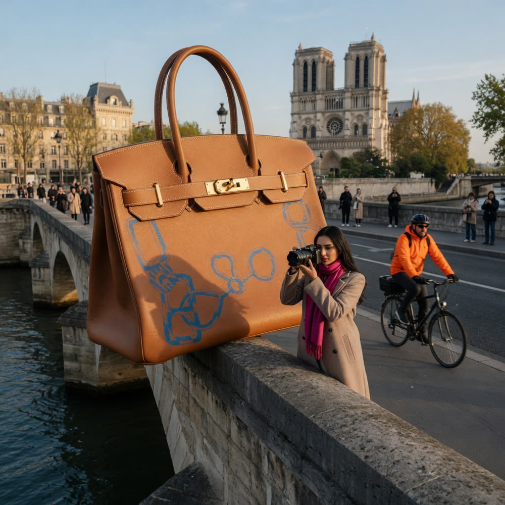 The generated campaign image — the same bag, staged in a real world